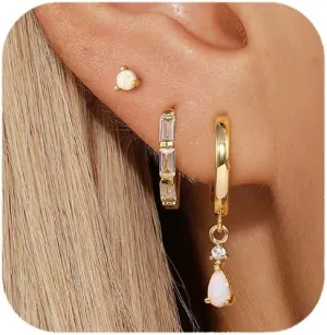 QUINBY Silver Opal Earrings Set For Women,Sterling Silver Opal Earring,Stud Dainty Cartilage Stackable Earring Stacks,14k Hypoallergenic Opals Jewelry Hoop Earrings,Birthday Ideas For Mom Friend Wife