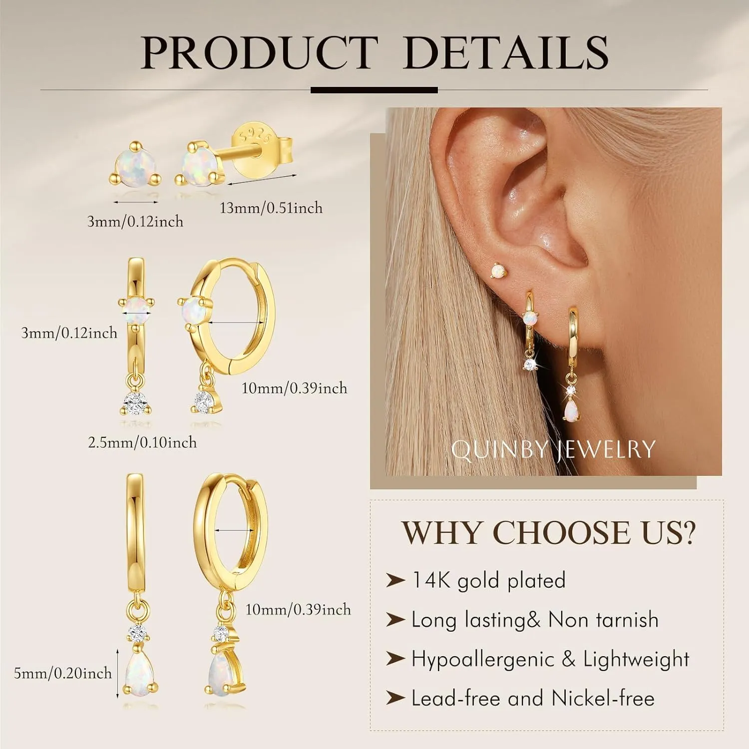 QUINBY Silver Opal Earrings Set For Women,Sterling Silver Opal Earring,Stud Dainty Cartilage Stackable Earring Stacks,14k Hypoallergenic Opals Jewelry Hoop Earrings,Birthday Ideas For Mom Friend Wife