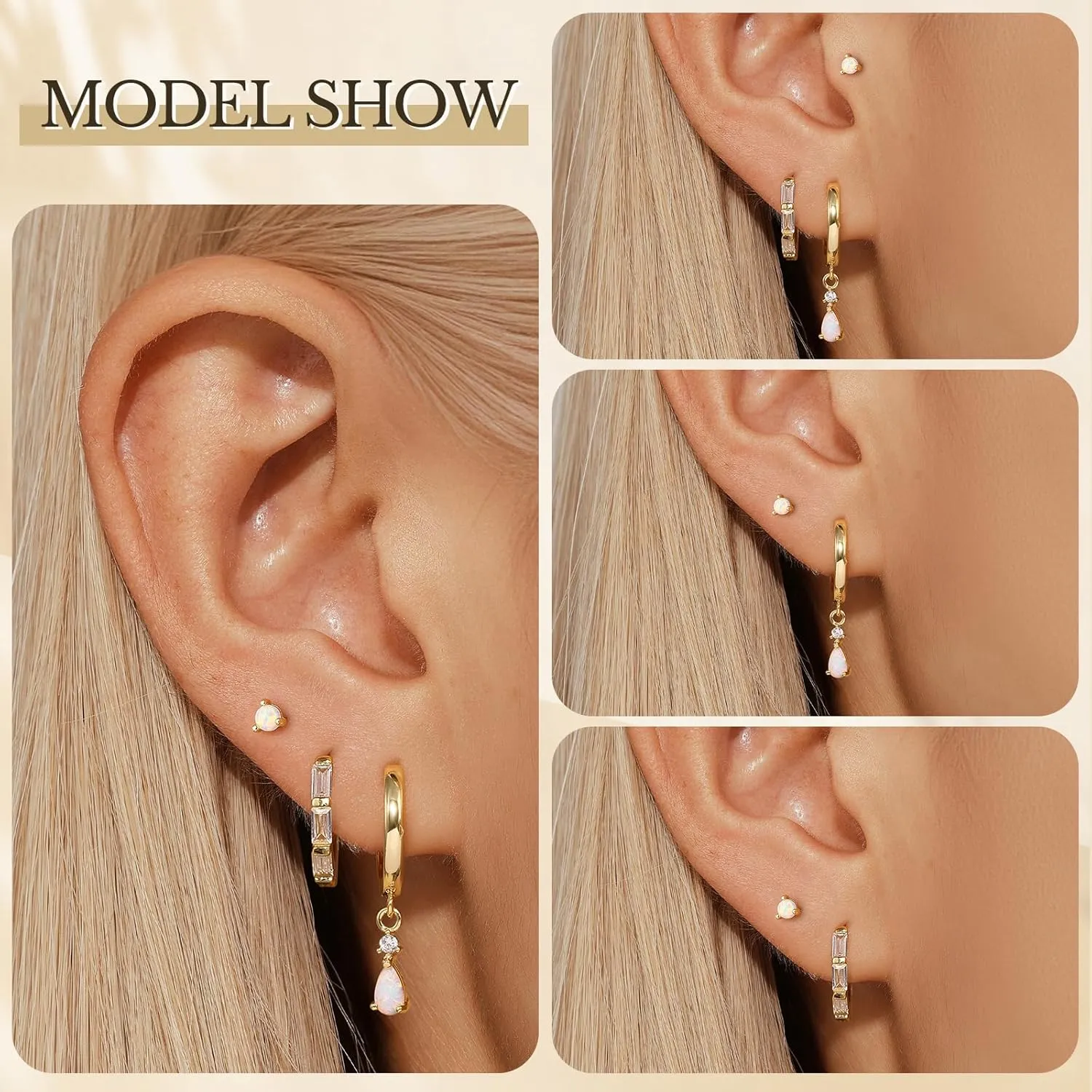 QUINBY Silver Opal Earrings Set For Women,Sterling Silver Opal Earring,Stud Dainty Cartilage Stackable Earring Stacks,14k Hypoallergenic Opals Jewelry Hoop Earrings,Birthday Ideas For Mom Friend Wife