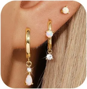 QUINBY Silver Opal Earrings Set For Women,Sterling Silver Opal Earring,Stud Dainty Cartilage Stackable Earring Stacks,14k Hypoallergenic Opals Jewelry Hoop Earrings,Birthday Ideas For Mom Friend Wife