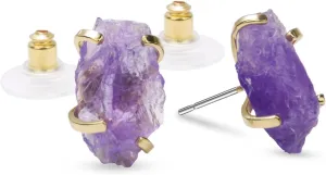 Raw Crystal Earrings Studs, Natural Rose Quartz Amethyst Citrine Quartz Prong Setting Stud Earrings for Women, 14k Gold Plated Handmade Irregular Healing Crystal Earrings for Gift.