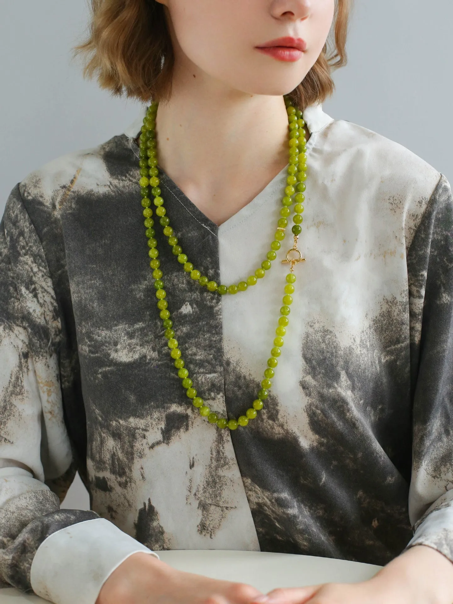 Refreshing Green Grape Stone Beaded Long Necklace