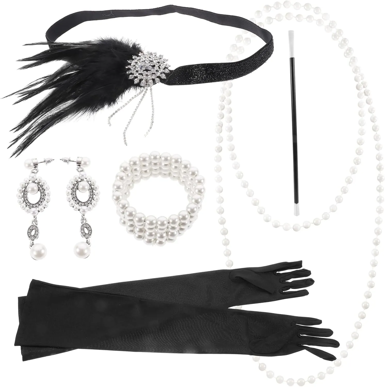Retro 20s Jewelry Sets for Women Head Band Day Outfits Accessories Set Pearl Necklace Earring Black