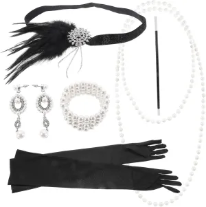 Retro 20s Jewelry Sets for Women Head Band Day Outfits Accessories Set Pearl Necklace Earring Black