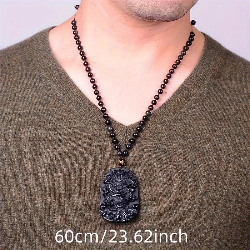 Retro Ethnic Style Obsidian Pendant Necklace, With Dragon Pattern, Necklace For Men And Women, Ideal choice for Gifts