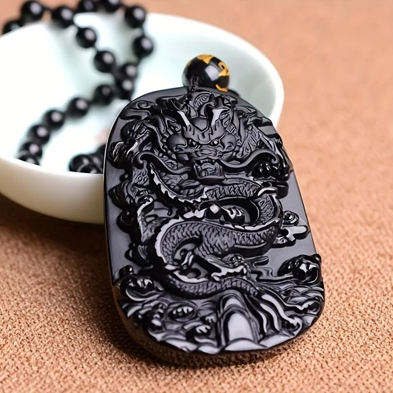 Retro Ethnic Style Obsidian Pendant Necklace, With Dragon Pattern, Necklace For Men And Women, Ideal choice for Gifts