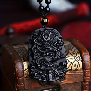 Retro Ethnic Style Obsidian Pendant Necklace, With Dragon Pattern, Necklace For Men And Women, Ideal choice for Gifts