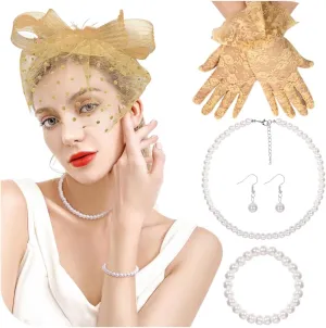 REVOLIA 5Pcs Fascinators Hat for Women Tea Party Feathers Veil Mesh Hat with Lace Gloves for Cocktail Party Wedding
