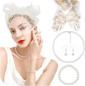 REVOLIA 5Pcs Fascinators Hat for Women Tea Party Feathers Veil Mesh Hat with Lace Gloves for Cocktail Party Wedding