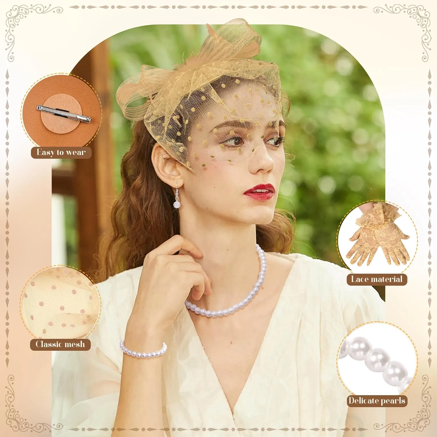 REVOLIA 5Pcs Fascinators Hat for Women Tea Party Feathers Veil Mesh Hat with Lace Gloves for Cocktail Party Wedding