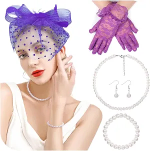 REVOLIA 5Pcs Fascinators Hat for Women Tea Party Feathers Veil Mesh Hat with Lace Gloves for Cocktail Party Wedding