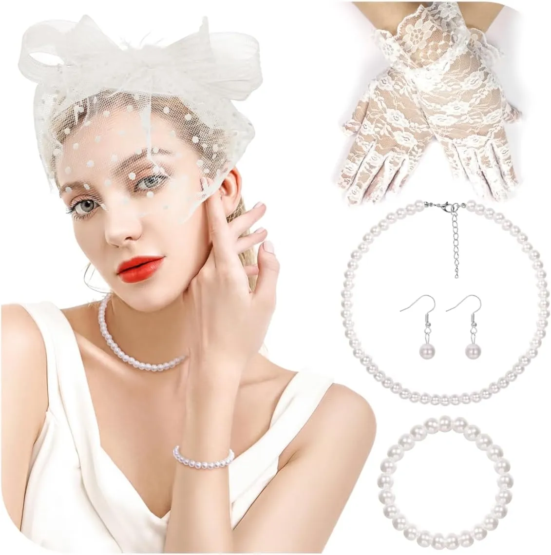 REVOLIA 5Pcs Fascinators Hat for Women Tea Party Feathers Veil Mesh Hat with Lace Gloves for Cocktail Party Wedding