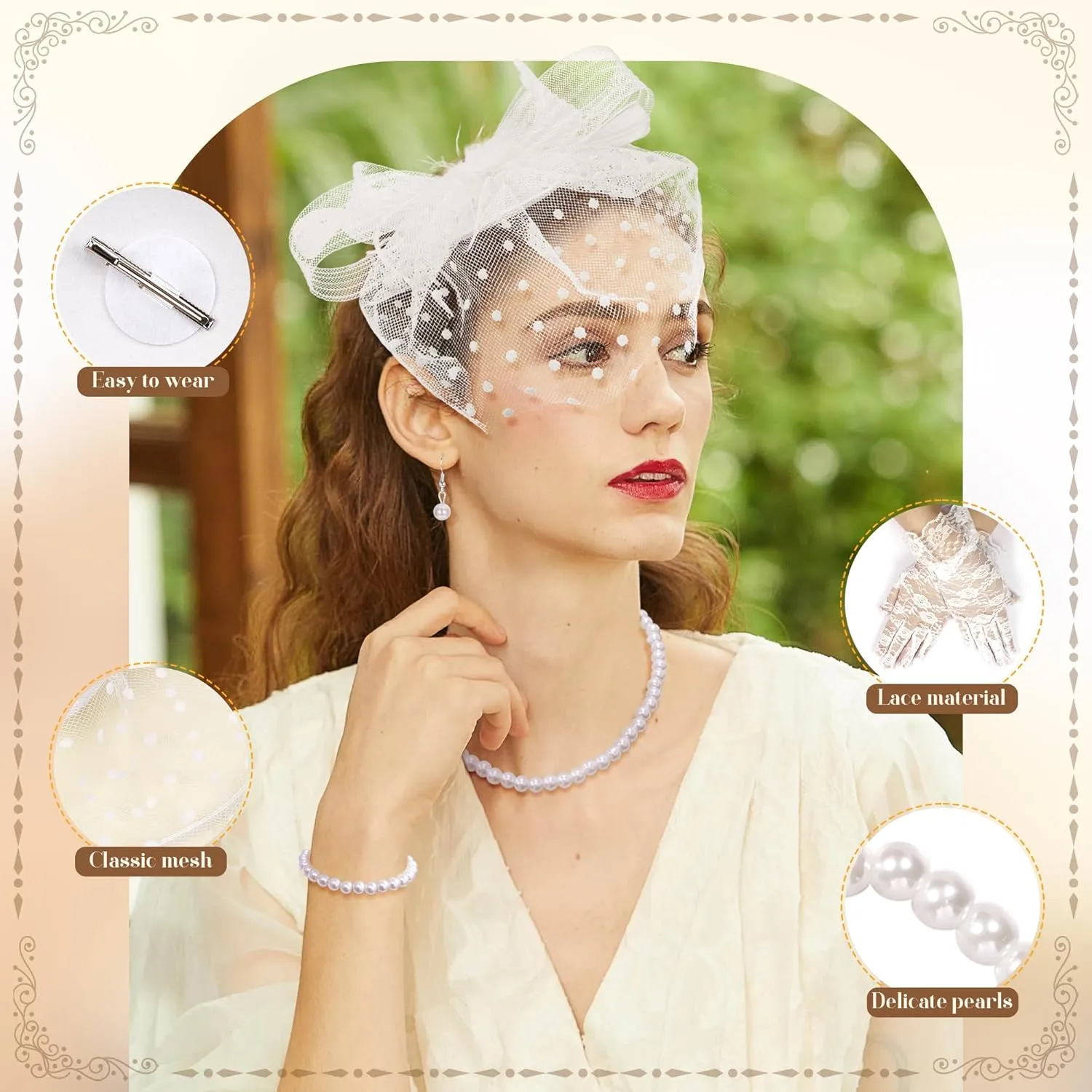 REVOLIA 5Pcs Fascinators Hat for Women Tea Party Feathers Veil Mesh Hat with Lace Gloves for Cocktail Party Wedding