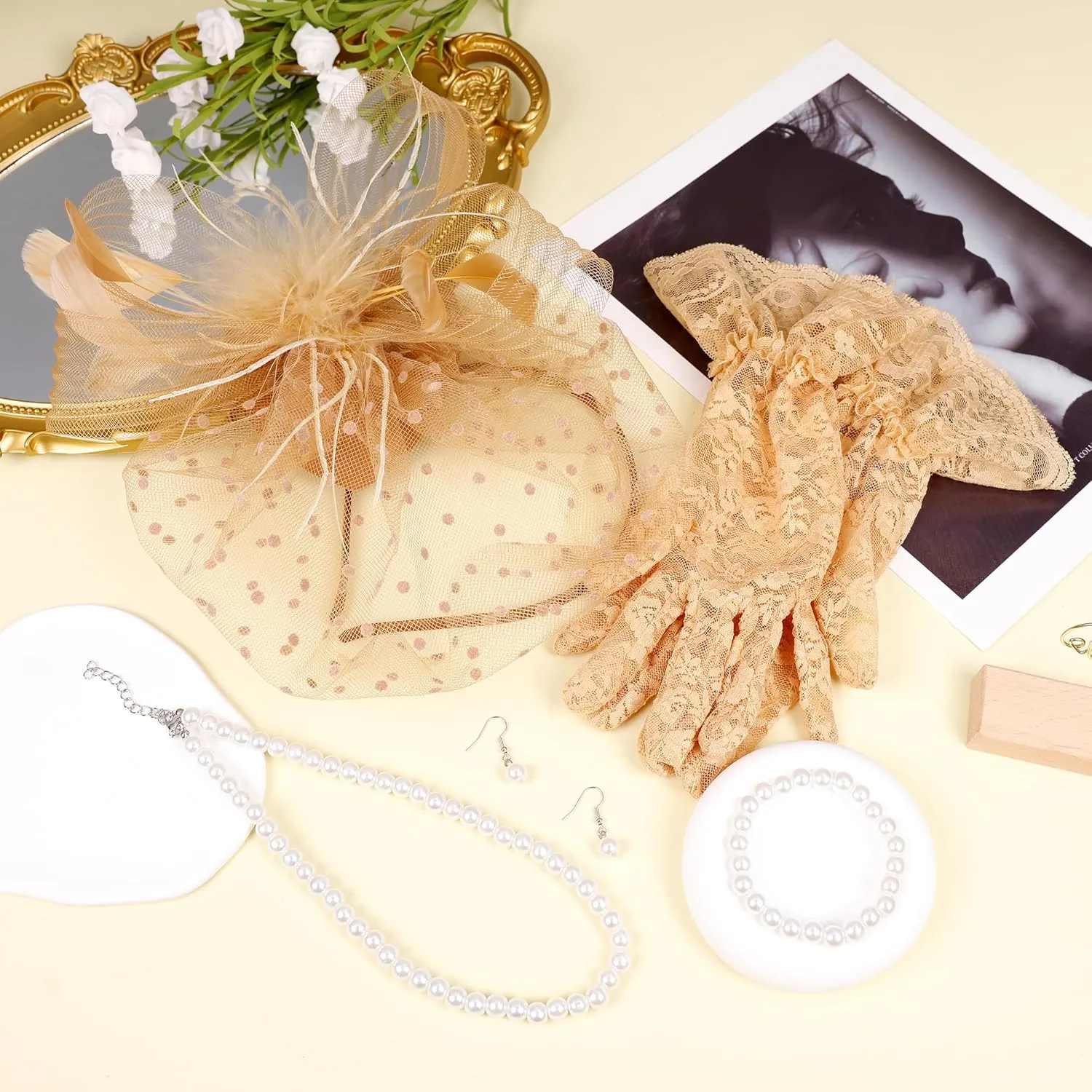 REVOLIA 5Pcs Fascinators Hat for Women Tea Party Feathers Veil Mesh Hat with Lace Gloves for Cocktail Party Wedding