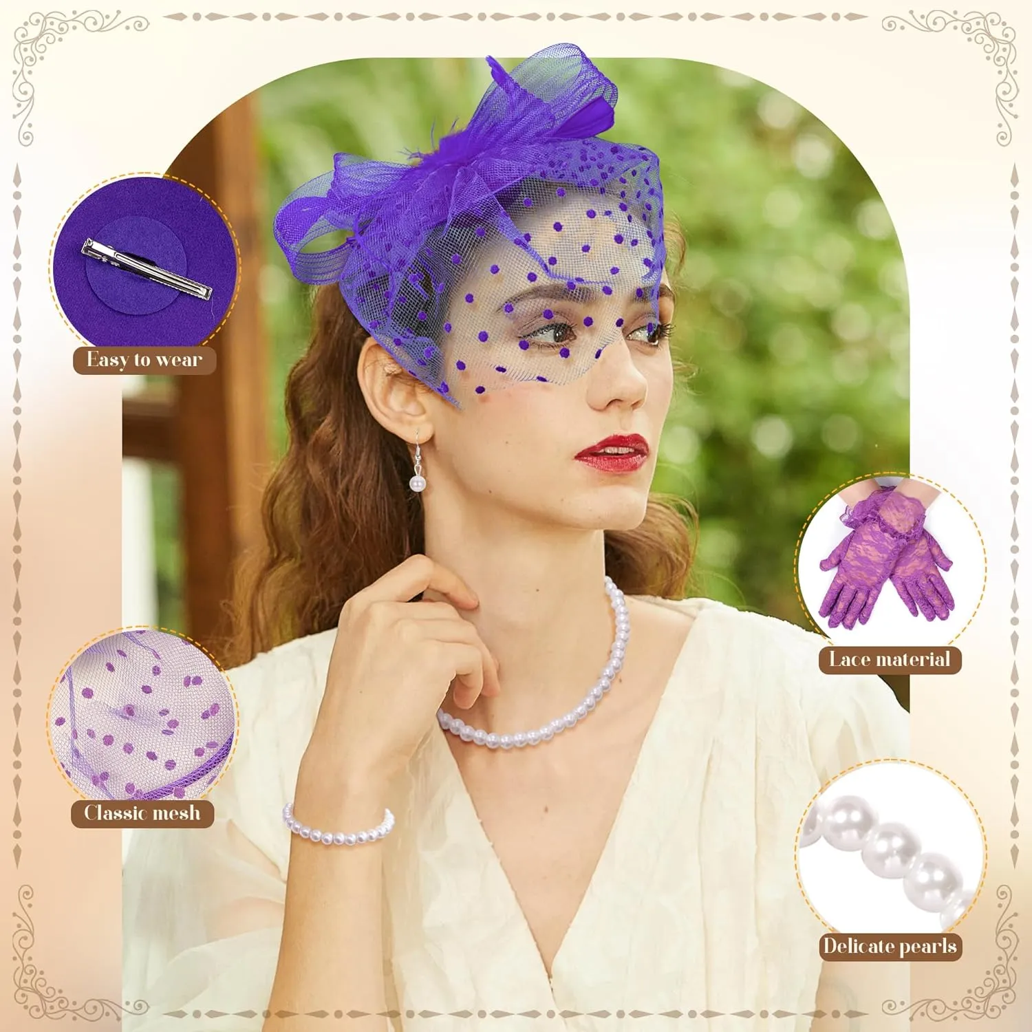 REVOLIA 5Pcs Fascinators Hat for Women Tea Party Feathers Veil Mesh Hat with Lace Gloves for Cocktail Party Wedding