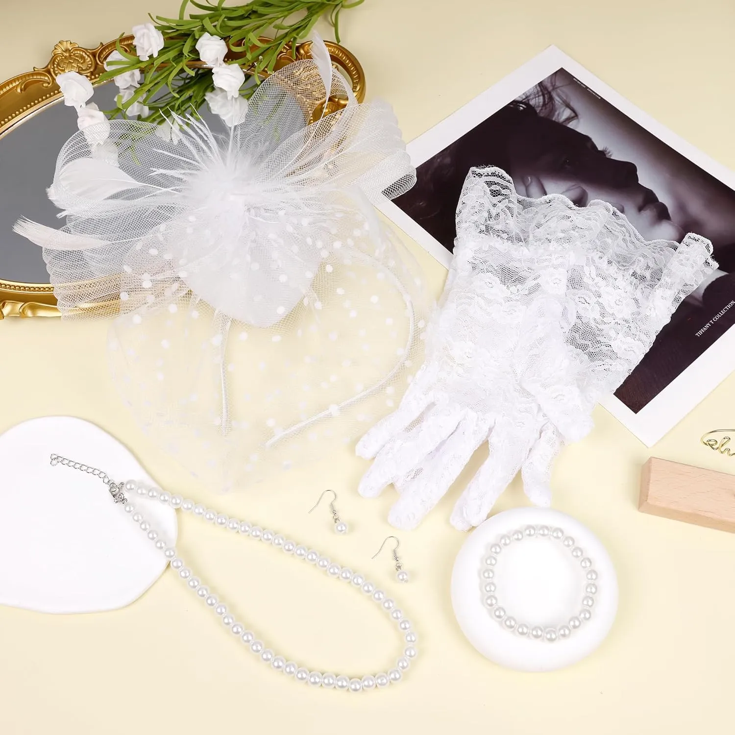 REVOLIA 5Pcs Fascinators Hat for Women Tea Party Feathers Veil Mesh Hat with Lace Gloves for Cocktail Party Wedding