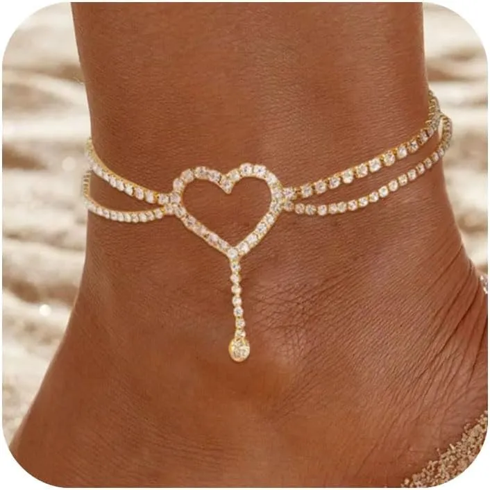 Rhinestone Heart Anklets for Women Gold Zircon Anklet Bracelet Silver Layered Rhinestone Heart Pendant Tennis Anklets Adjustable Summer Beach Jewelry