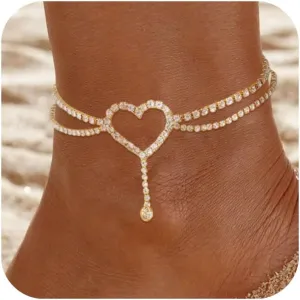 Rhinestone Heart Anklets for Women Gold Zircon Anklet Bracelet Silver Layered Rhinestone Heart Pendant Tennis Anklets Adjustable Summer Beach Jewelry