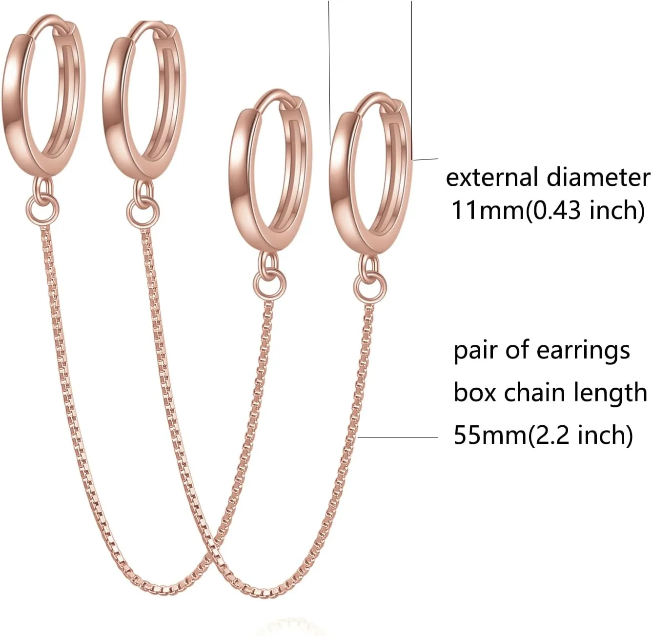 Rnivida 925 Sterling Silver Double Hoop Chains Earrings Double Piercing for Women,Dangle Hoop Earrings Two Holes Piercing Jewelry Gifts