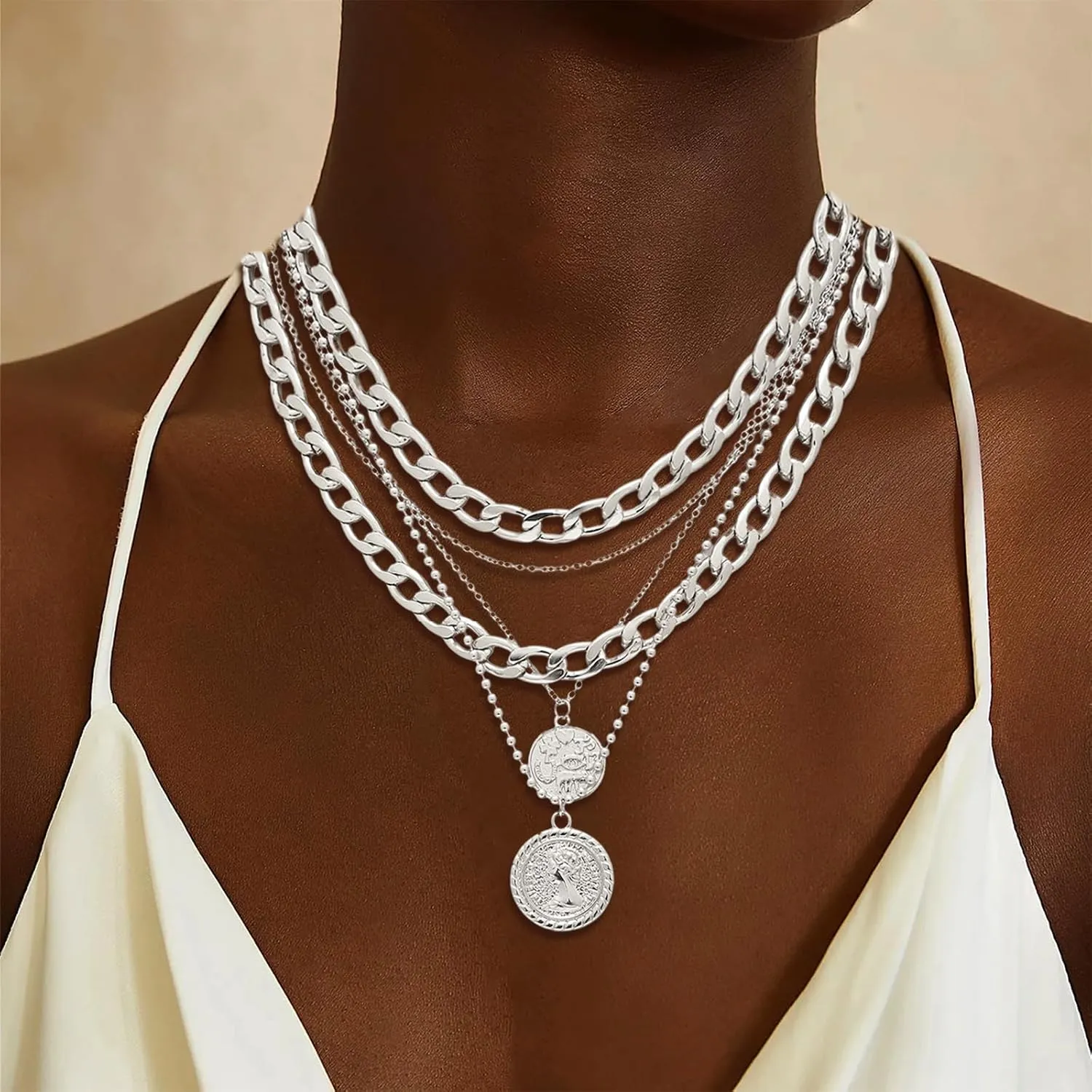 Roe Dolph Layered Necklaces for Women Trendy Gold Necklace Stack Layering Gold Necklaces Coin Cuban Chain Pendant Necklace Gold Jewelry