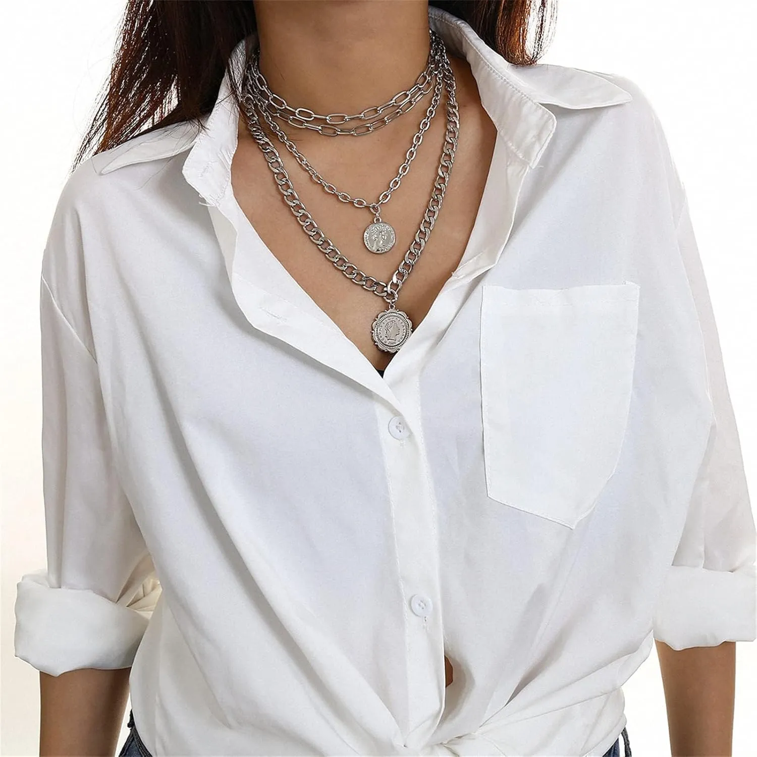 Roe Dolph Layered Necklaces for Women Trendy Gold Necklace Stack Layering Gold Necklaces Coin Cuban Chain Pendant Necklace Gold Jewelry