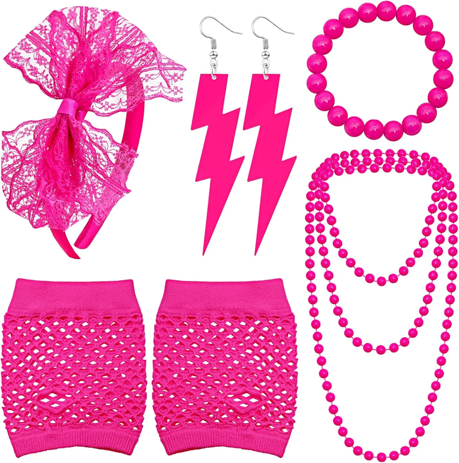 Ronglry 80s Neon Accessories for Women Lace Headband Neon Earrings Fishnet Gloves Necklace Bracelet for 80s Neon Jewelry