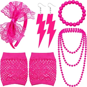 Ronglry 80s Neon Accessories for Women Lace Headband Neon Earrings Fishnet Gloves Necklace Bracelet for 80s Neon Jewelry