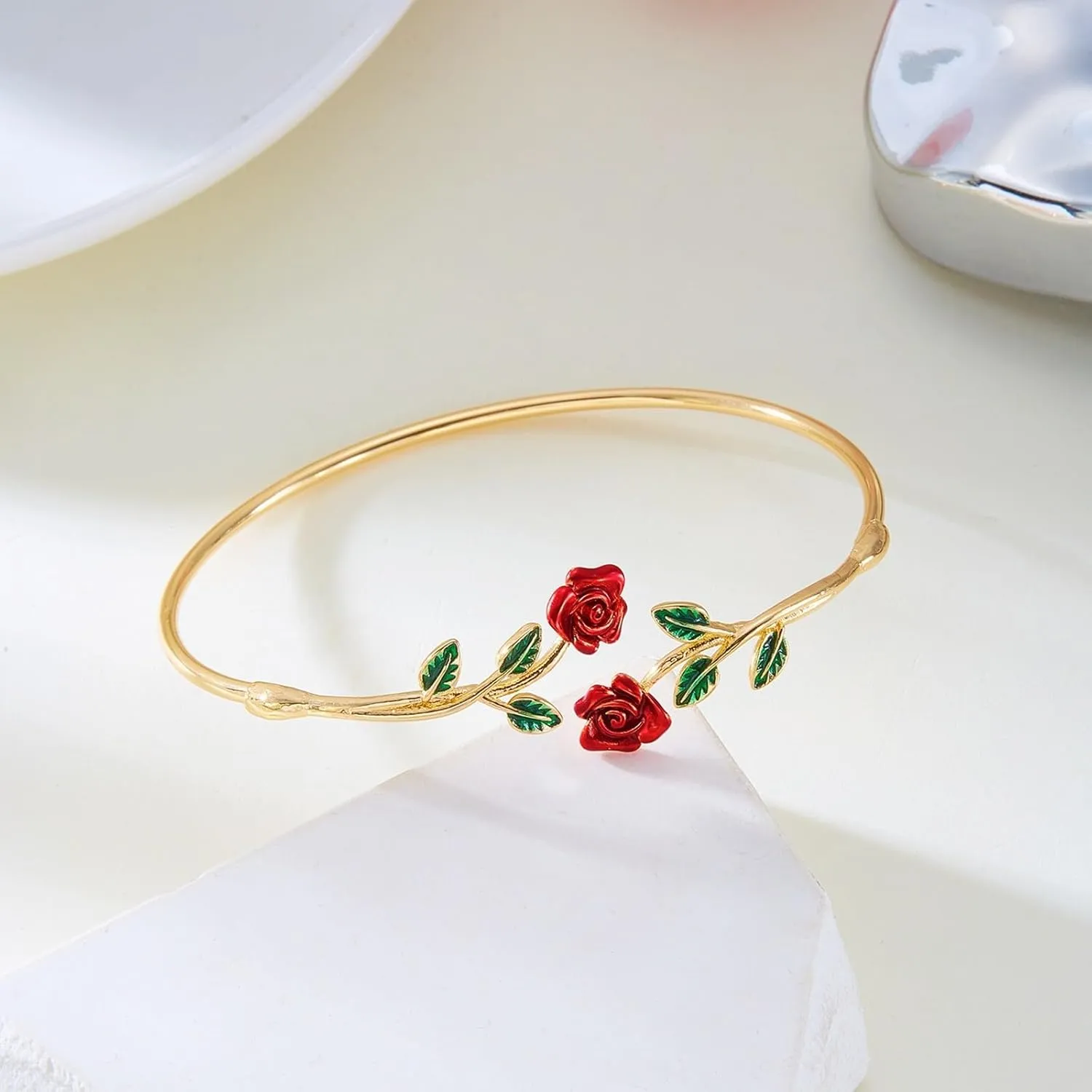 Rose Adjustable Bracelets Silver/Black Gun Plated Rose Link Flower Bangle Elegant Jewelry Gifts for Women Rubber Bracelets