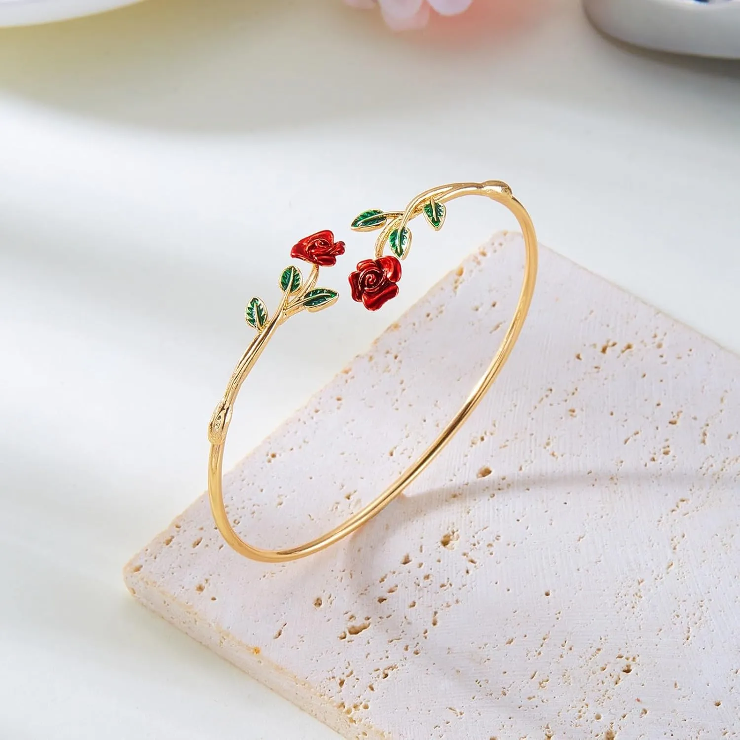 Rose Adjustable Bracelets Silver/Black Gun Plated Rose Link Flower Bangle Elegant Jewelry Gifts for Women Rubber Bracelets