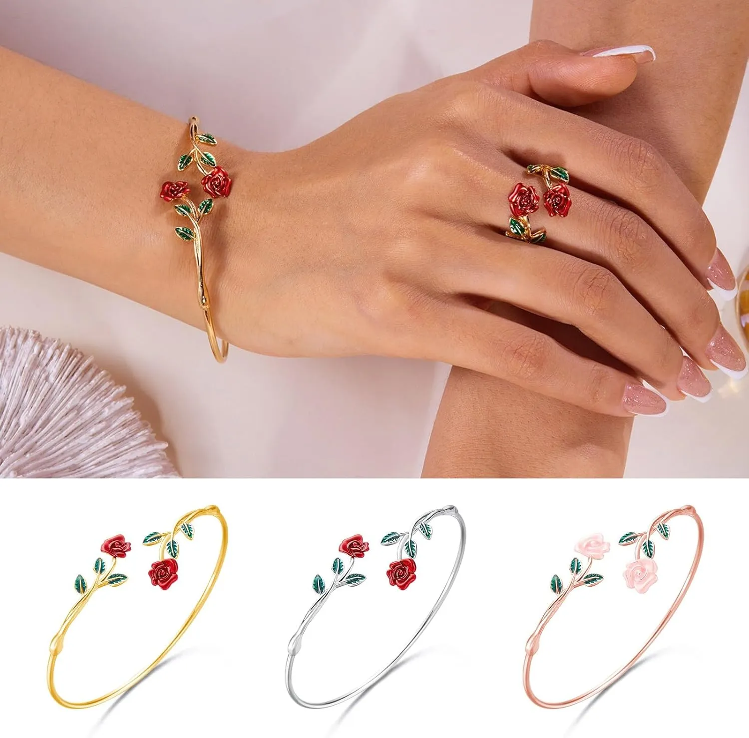 Rose Adjustable Bracelets Silver/Black Gun Plated Rose Link Flower Bangle Elegant Jewelry Gifts for Women Rubber Bracelets