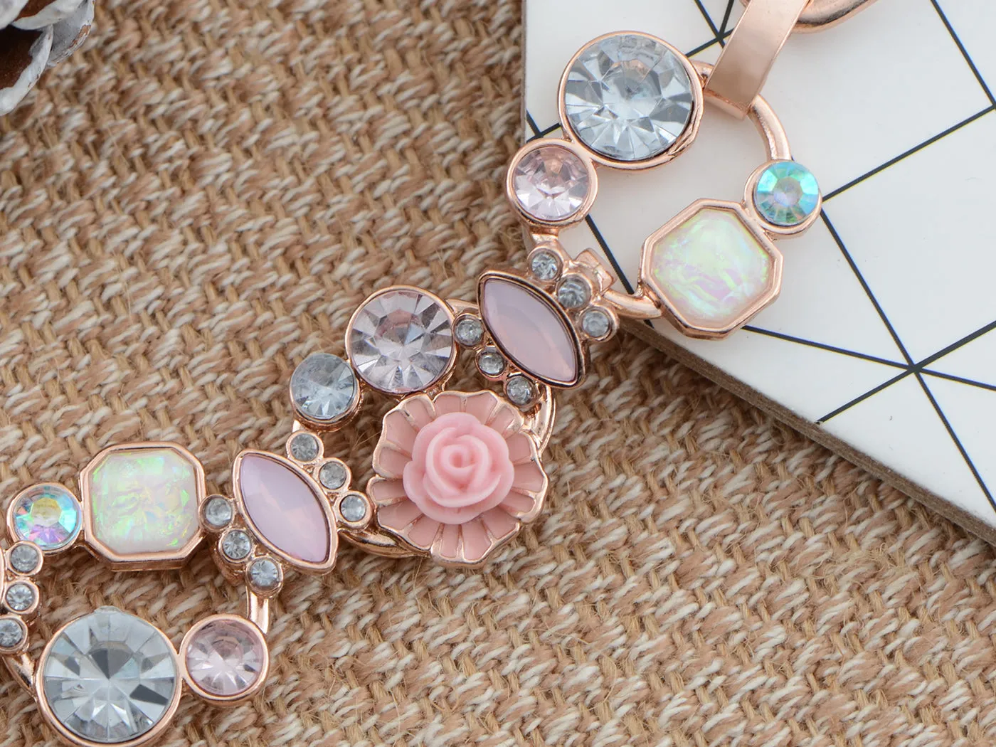 Rose Gold D Flower Beaded Bib Collar Chain Statement Necklace