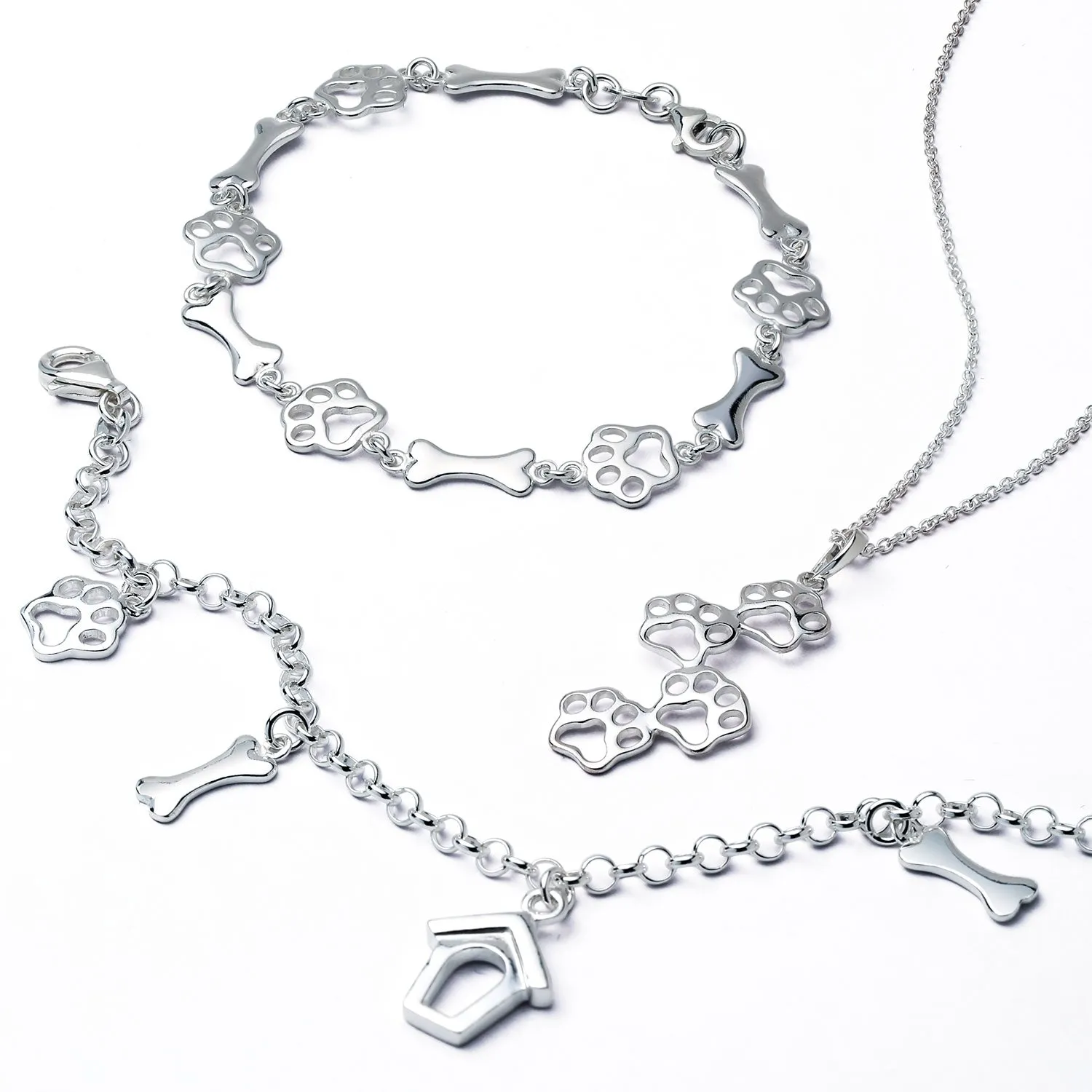 Rose Gold Dog Bone Charm Pendant Necklace with Paw Prints in Sterling Silver