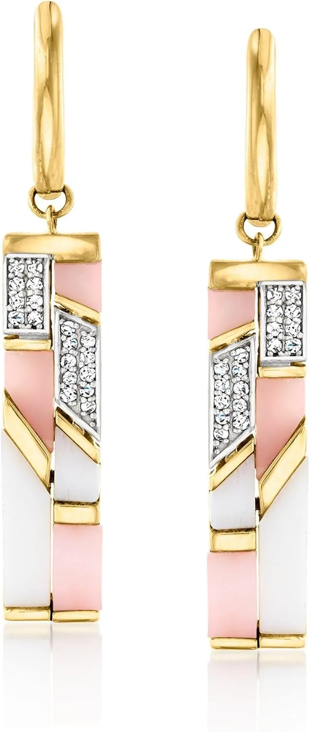 Ross-Simons Pink and White Opal Drop Earrings With .10 ct. t.w. White Topaz in 18kt Gold Over Sterling