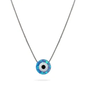 Round Evil Eye Necklace 925 Sterling Silver Box Chain Synthetic Blue Opal Pendant Adjustable Length 16" 2" Extension