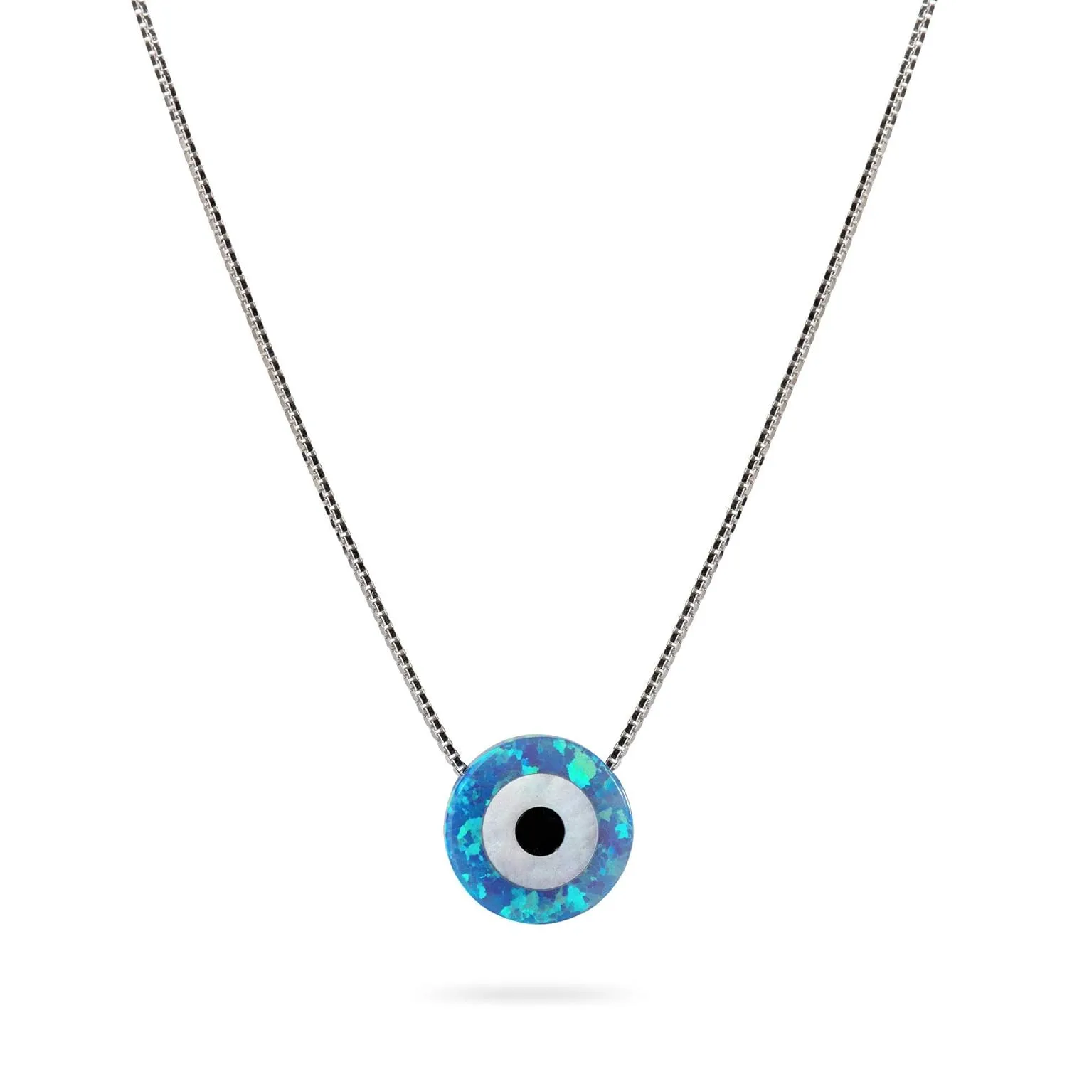 Round Evil Eye Necklace 925 Sterling Silver Box Chain Synthetic Blue Opal Pendant Adjustable Length 16" 2" Extension