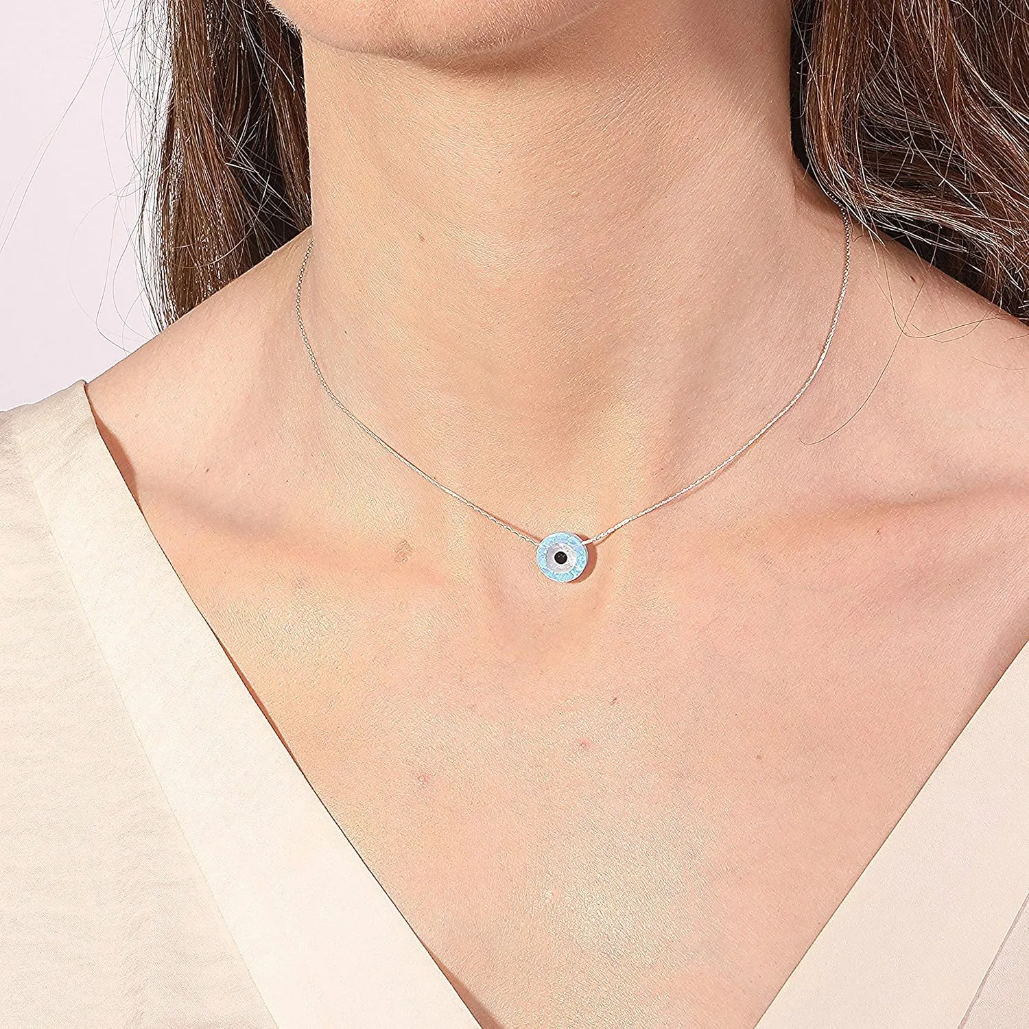 Round Evil Eye Necklace 925 Sterling Silver Box Chain Synthetic Blue Opal Pendant Adjustable Length 16" 2" Extension
