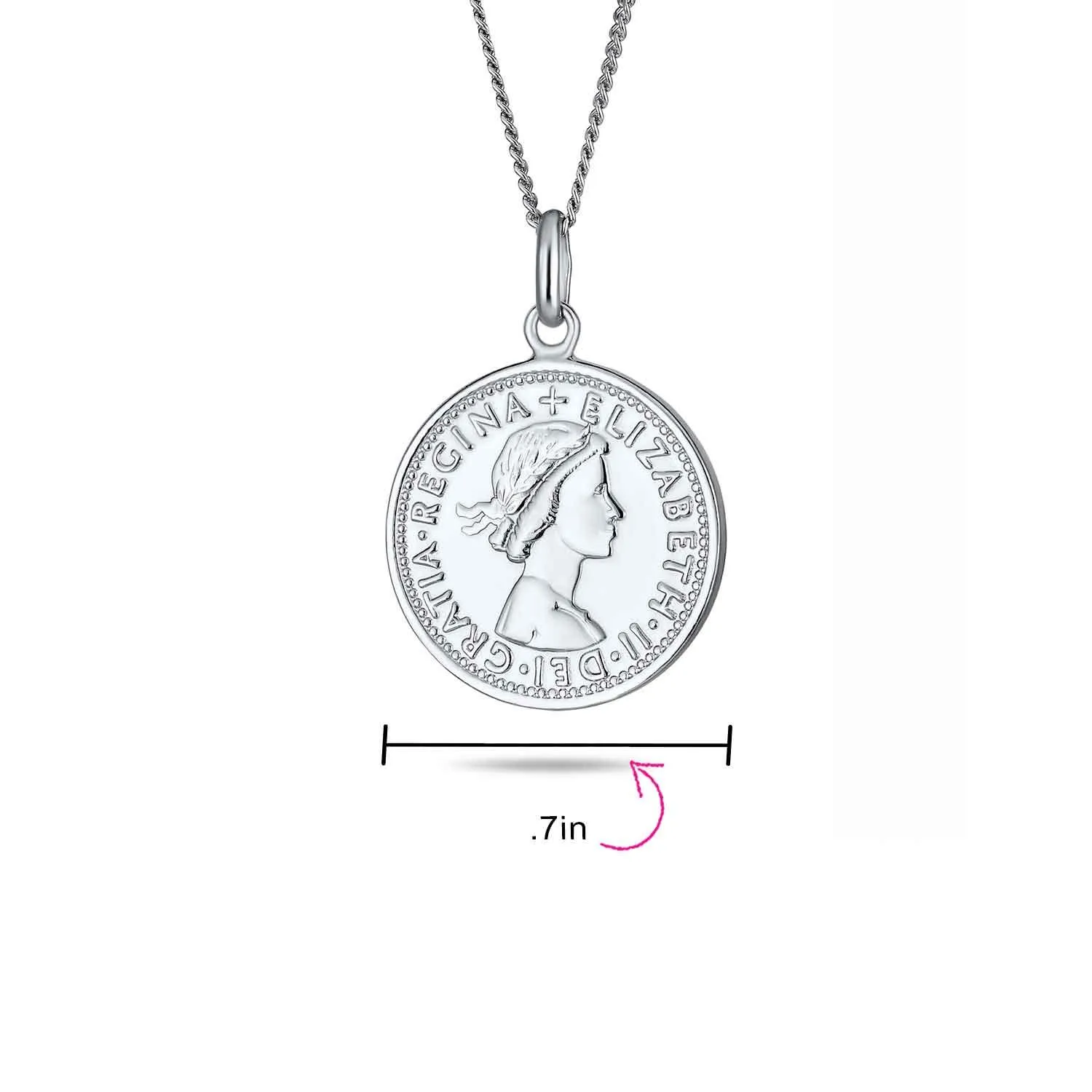 Royal Coin Disc Pendant Necklace 1957 Queen Elizabeth Medallion in Sterling Silver