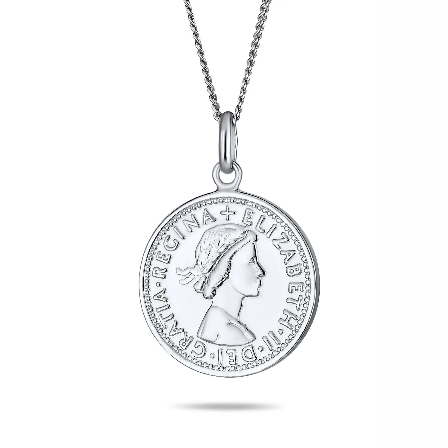 Royal Coin Disc Pendant Necklace 1957 Queen Elizabeth Medallion in Sterling Silver