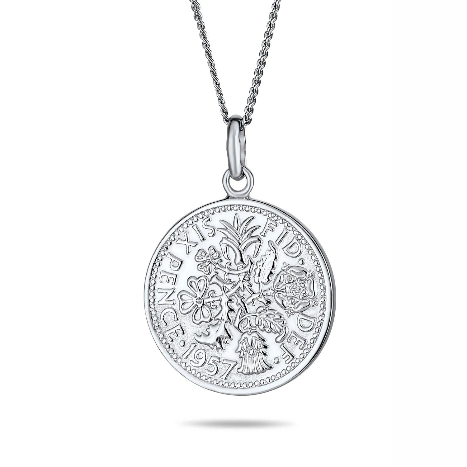Royal Coin Disc Pendant Necklace 1957 Queen Elizabeth Medallion in Sterling Silver