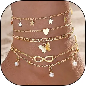 Rrdaily 5PCS Boho Stackable Anklets Set for Women 14k Gold Layered Pearl Heart Butterfly Anklets Adjustable Chain Link Anklets Jewelry Gift