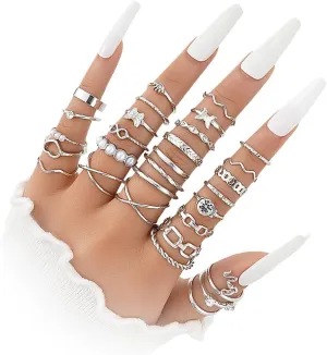 Rrdaily Boho Stackable Silver Ring Set for Women Vintage Stacking Knuckle Rings Snake Butterfly Pearl Heart Finger Rings Jewelry Accessories