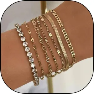 Rrdaily Gold Stackable Bracelets Set for Women, Trendy Multi Layer Adjustable Pendant Chain Bracelets Set, Dainty 14k Gold Cubic Zirconia Jewelry Gifts (A)