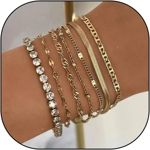 Rrdaily Gold Stackable Bracelets Set for Women, Trendy Multi Layer Adjustable Pendant Chain Bracelets Set, Dainty 14k Gold Cubic Zirconia Jewelry Gifts (A)