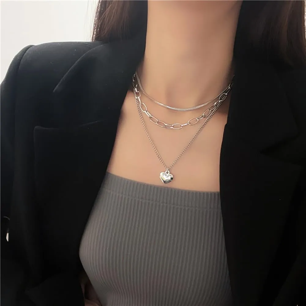 Rrdaily Layered Heart Pendant Necklaces Sets for Women Teen Girls,14K Gold Choker Cuban Link Necklace Jewelry,Paperclip Chain Herringbone Snake Jewelry Gifts