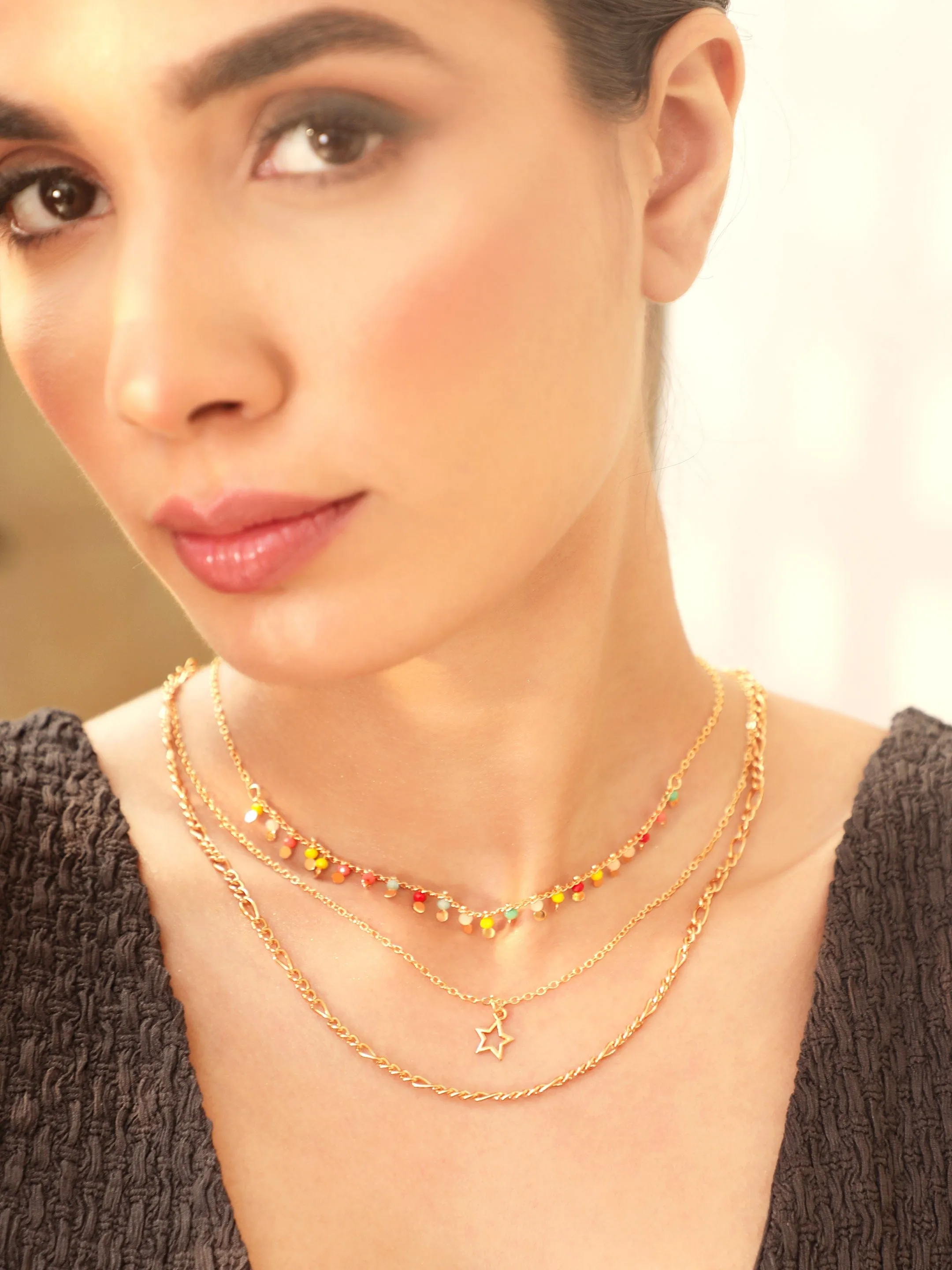 Rubans 18K Gold Plated Multicolor Beaded Star Charm Multi-Layered Necklace