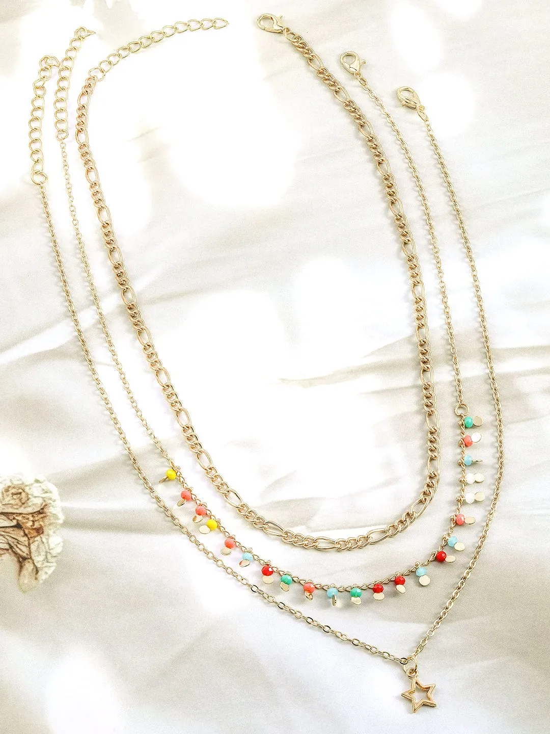Rubans 18K Gold Plated Multicolor Beaded Star Charm Multi-Layered Necklace