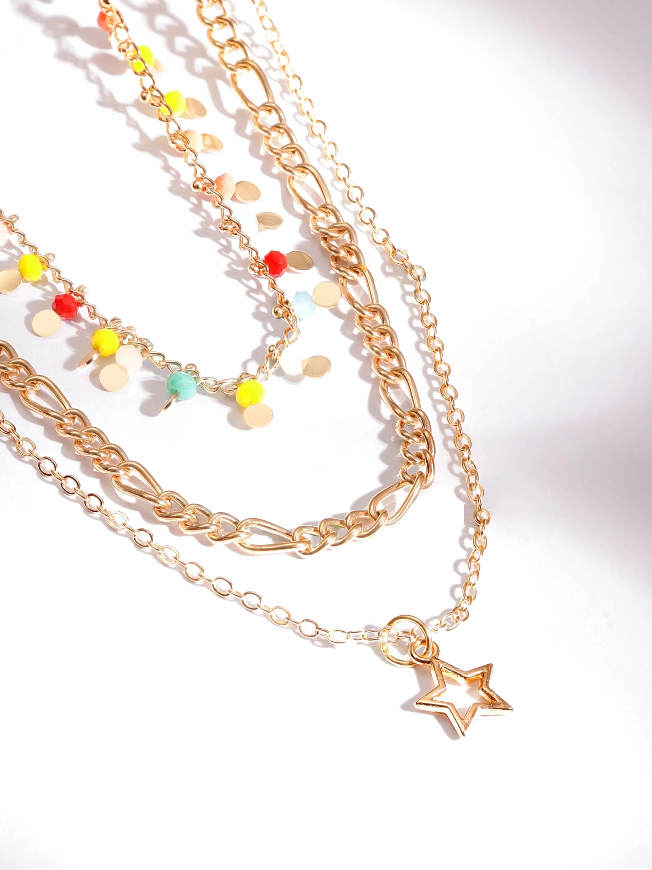 Rubans 18K Gold Plated Multicolor Beaded Star Charm Multi-Layered Necklace