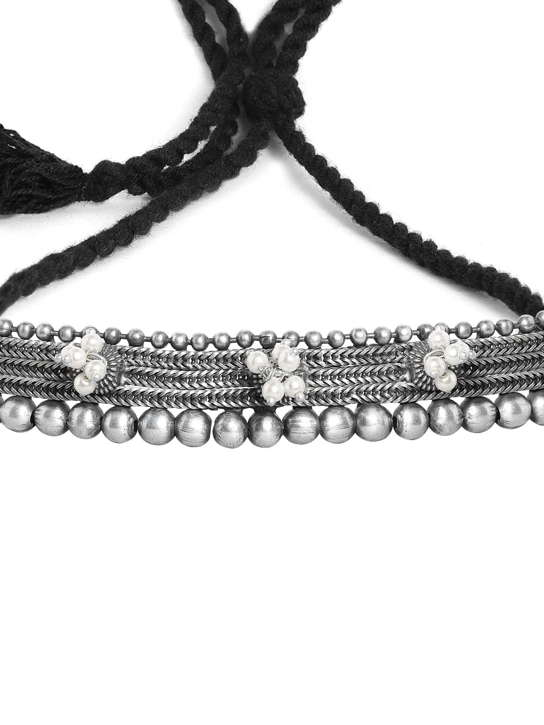 Rubans Oxidised Silver Plated Handcrafted White Pearl Filigree Necklace