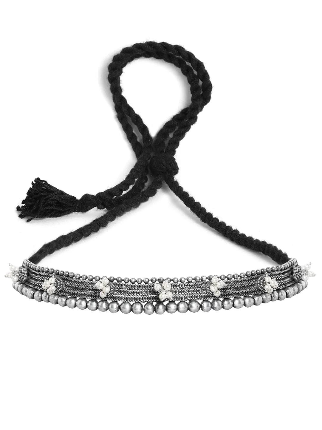 Rubans Oxidised Silver Plated Handcrafted White Pearl Filigree Necklace