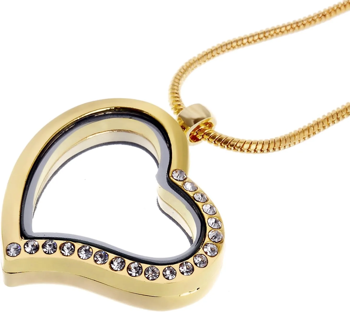 RUBYCA Living Memory Heart Locket Snake Chain Necklace Crystal Floating Charm DIY Gold Tone 1Pcs